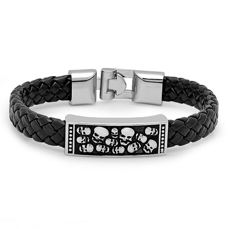 Black Leather + Alloy Skull Bracelet