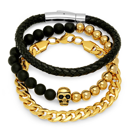 Gold Plated Leather Braided + Lava Beaded Skull Bracelets // Set Of 3