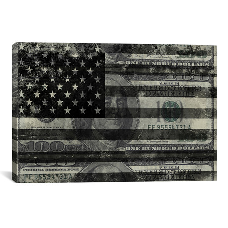 USA "Melting Film" Flag in Black & White (100 Dollar Bill) // iCanvas (26"W x 18"H x 0.75"D)