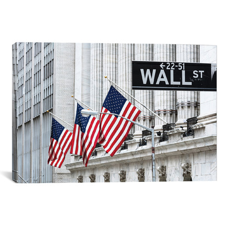 American Flags & Wall Street Signage, New York Stock Exchange, Financial District, Lower Manhattan, New York City, New York, USA // Matteo Colombo (26"W x 18"H x 0.75"D)