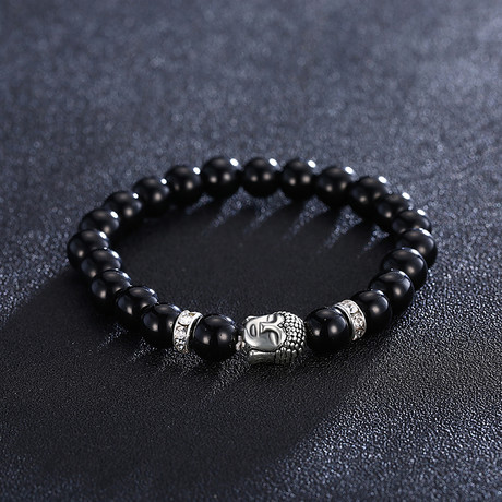 Simple Black Chakra Buddha Bracelet // Silver