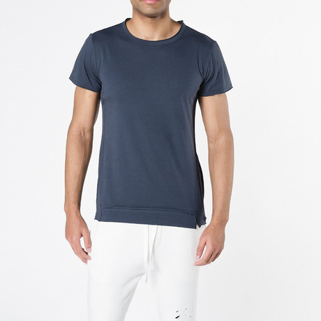 Crew Neck Raw Edged Organic Cotton T-shirt // Meteor Blue (S)