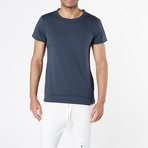 Crew Neck Raw Edged Organic Cotton T-shirt // Meteor Blue (L)