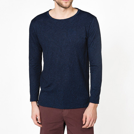 Crew Neck Plain Coton Slub Long Sleeve Tee // Navy Blue (S)