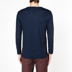 Crew Neck Plain Coton Slub Long Sleeve Tee // Navy Blue (L)