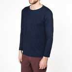 Crew Neck Plain Coton Slub Long Sleeve Tee // Navy Blue (L)