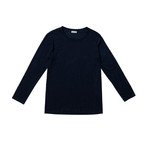 Crew Neck Plain Coton Slub Long Sleeve Tee // Navy Blue (L)