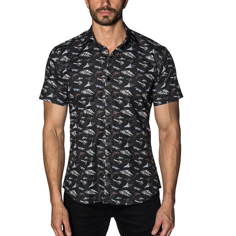 Woven Short Sleeve Button-Up // Black Spaceships (XS)