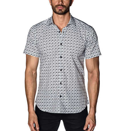 Woven Short Sleeve Button-Up // White + Black Scooters (XS)
