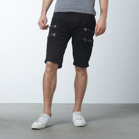 Denim Double Zipper Moto Shorts // Black (30)