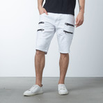 Denim Double Zipper Moto Shorts // White (38)