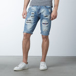 Rips + Stars Paint Splatter Denim Shorts // Medium Blue (30)