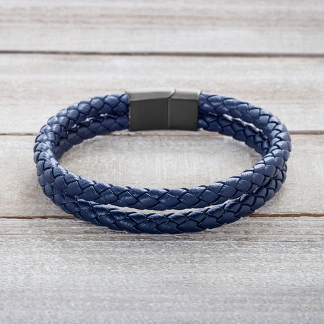 Black IP Double Stranded Navy Blue Braided Leather Bracelet