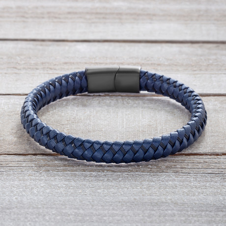 Black IP Braided Blue Leather Bracelet