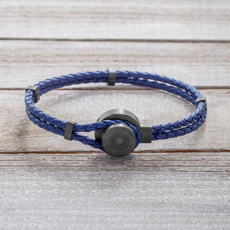 Black IP Double Stranded Navy Blue Braided Leather With Hook Bracelet