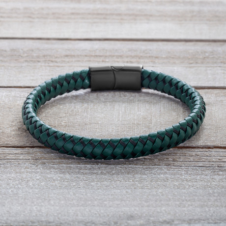 Black IP Braided Green Leather Bracelet