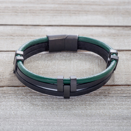 Black IP Triple Stranded Green + Black Leather Bracelet