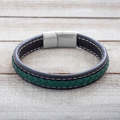 Green + Black Leather Bracelet