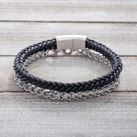 Curb Chain + Braided Black Cord + Leather Duo Bracelet
