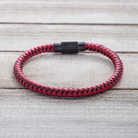 Black IP + Red Braided Leather Bracelet