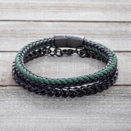 Black IP Curb Chain + Braided Green Cord + Leather Duo Bracelet
