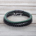 Black IP Curb Chain + Braided Green Cord + Leather Duo Bracelet