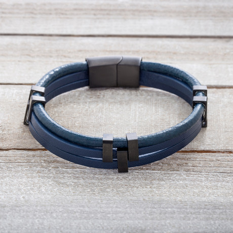 Black IP Triple Stranded Navy Blue Leather Bracelet