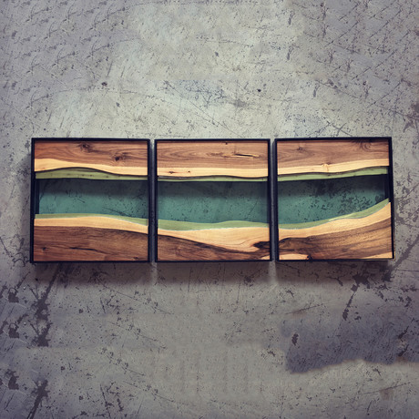 River Series Triptych // Black Walnut + Green Glass // Black Frame