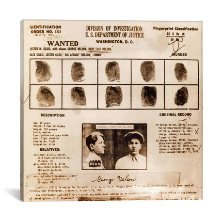 Lester M. Gillis // Baby Face Nelson Wanted Poster (18"W x 18"H x 0.75"D)