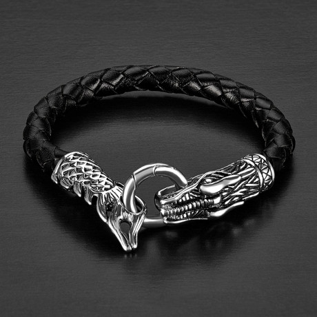 Dragon Woven Leather Bracelet // Black + Silver