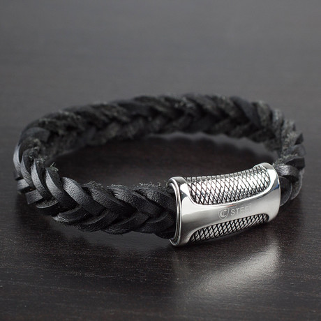Stainless Steel Braided Leather + Diamond Textured Closure Bracelet