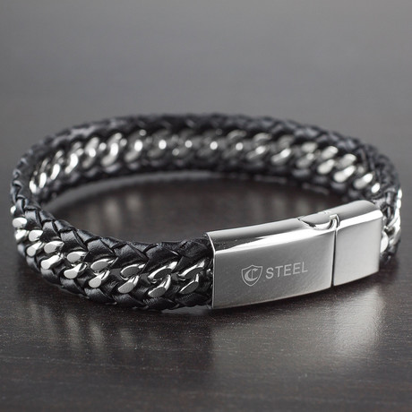 Stainless Steel Braided Leather Curb Link Bracelet