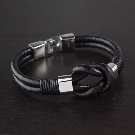 Stainless Steel + Leather Nautical Knot Bracelet // Black + Silver