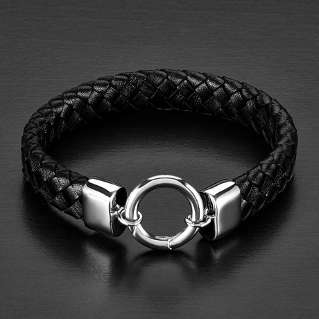 Black Braided Leather Bracelet + Spring Ring