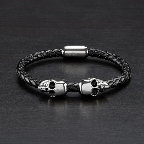 Skulls + Braided Leather Bracelet // Black + Silver