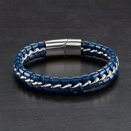Leather Braided Bracelet + Curb Chain // Blue