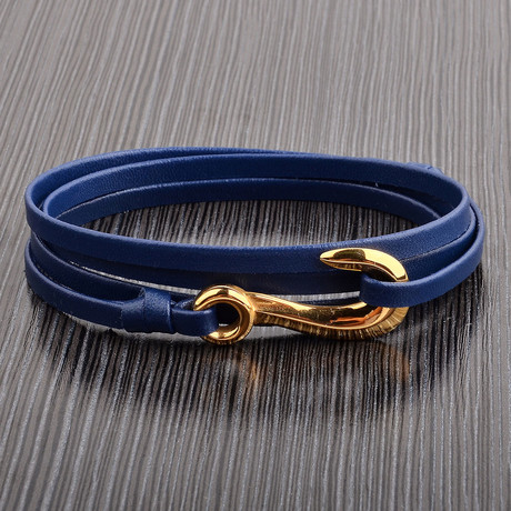 Leather Hook Wrap Bracelet // Blue + Gold