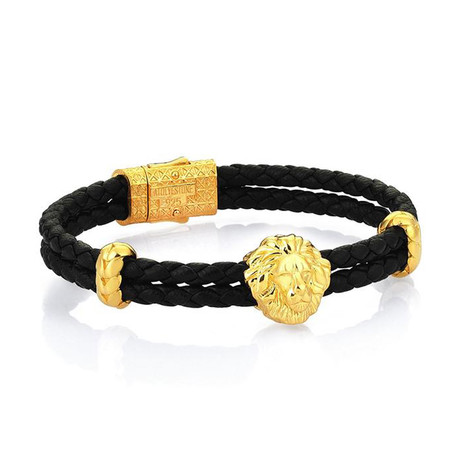 Leo Leather Bracelet // Solid Silver Yellow Gold // Black Nappa (Small)