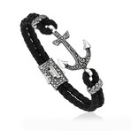 Classic Anchor Leather Bracelet // Solid Silver + Black Nappa Leather (Small)