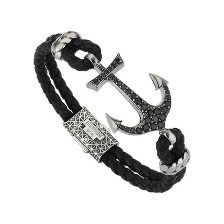 Anchor Leather Bracelet // Silver Gunmetal // Black Nappa (Small)