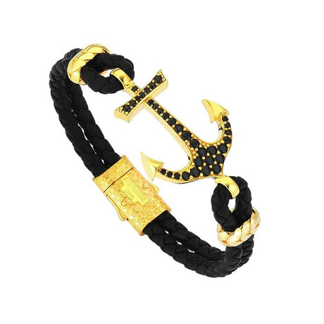 Anchor Leather Bracelet // Silver Yellow Gold // Black Nappa (Small)