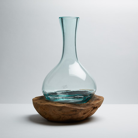 30cm Natural Teak Wood Bowl + Long Neck Molten Glass Vase