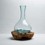 30cm Natural Teak Wood Bowl + Long Neck Molten Glass Vase
