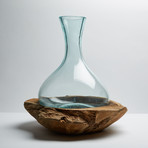 40cm Natural Teak Wood Bowl + Long Neck Molten Glass Vase