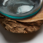 40cm Natural Teak Wood Bowl + Long Neck Molten Glass Vase