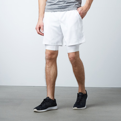 Double Layered Sports Shorts + Phone Pocket // White (S)