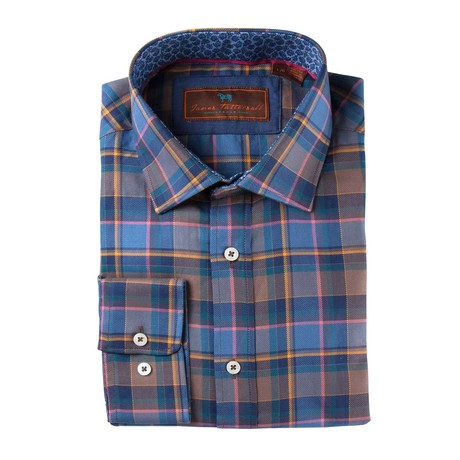 Woven Spread Collar Shirt // Brown + Blue Plaid (XS)