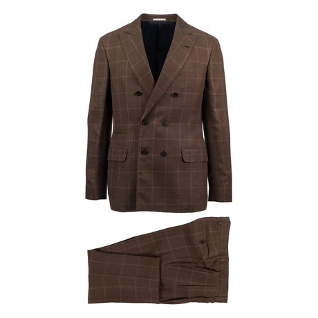 Portici Windowpane Wool Blend Double Breasted Suit // Brown (Euro: 46)