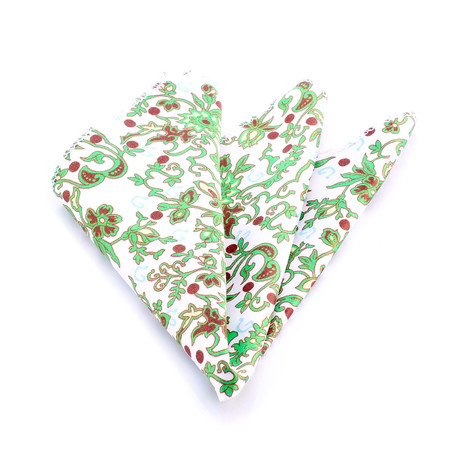Floral Silk Handkerchief + Gift Box // White + Green + Brown