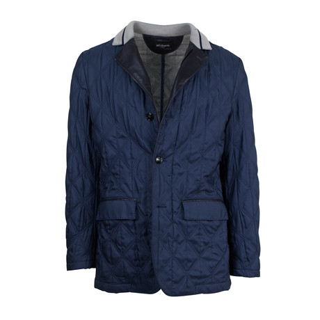 Silk + Leather Detail Quilted Jacket // Blue (Euro: 48S)